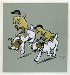 Duck making "horse riding" on dogs - in "Merry Party", ill. by Cécil Aldin, ed. Hodder & Stoughton, London
