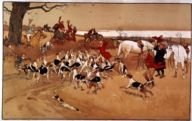 Cena de caça correndo; tiroteio. Gravura de Cecil Aldin (1870 -?), Inglaterra. Coll. Parte