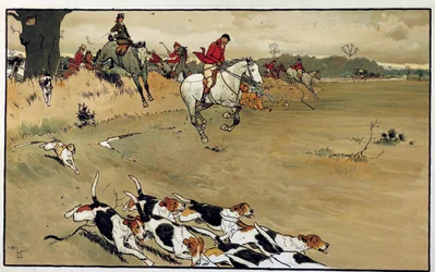 Cena de caça, a matilha de cães ladra depois do jogo de aguarela de Cecil Aldin (1870-1935) Colecção Privada do século XIX