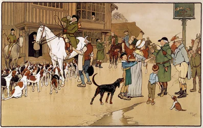 Pare na pousada durante uma caça à lebre. Aquarela de Cecil Aldin (1870-1935)