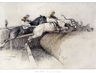 A perseguição ao Grand National Steeple em Liverpool: o salto do banco - desenho de Cecil adlin