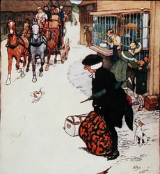 A buzina, tocada na entrada de uma aldeia, produz uma agitação geral", ilustração de "Old Christmas" de Washington Irving (1783-1859) publicada por Hodder e Stoughton