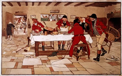 O lanche dos três pombos. Os caçadores cozinham e comem rapidamente antes de partir para a caça. Gravura de Cecil Aldin (1870 -? ), Inglaterra. Coll. Deal