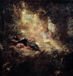Um raio de sol Os jovens dormem numa clareira. Pintura de Celestin Nanteuil (1813-1873)