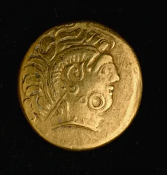 Arte celta: statere de Sequani, moeda de ouro. Século III-2º a.C. Paris, B.N.