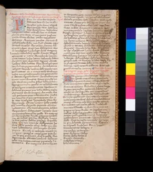 Sra. 148. Gregório o Grande, Dialogi em tradução italiana. por Domenico Cavalca, f.1r Letras decoradas [P] e [D] em vermelho com decoração por caneta em azul