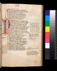 Sra. 325. Lucan, Bellum Civile, e outras obras, f.35r. Parted Initial [P] em vermelho e azul com caneta contrastante florescendo, c.1353 (pergaminho)