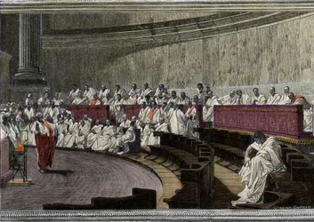 Ciceron denuncia o conspirador Catilina (Lucius Sergius Catilina) (108-62 AC) em 8 de Novembro 63 AC, A cena deroule em Roma no Senado, gravada após o fresco realizado entre 1882 e 1888 por Cesare Maccari (1840-1919). Roma Palazzo Madama.