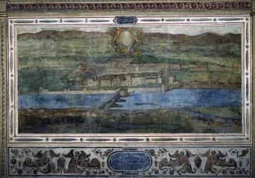 Vista da cidade de Innsbruck, Áustria. Vista das cidades do Império dos Habsburgos. Fresco do Tribunal Michelozzo no Palazzo Vecchio em Florença. Pintura de Sebastiano Veronese Giovanni Lombardi, Cesare Baglioni e Turino da Piamonte, cerca de 1565. Tamanho