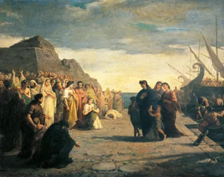 Agripina chegando ao porto de Brindisi com as cinzas de Germano, de Cesare Caroselli (1847-1927), óleo sobre tela, dinastia Julio-Claudiana, Itália