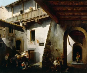 Interior de uma estalagem com camponeses, de Cesare Coghetti (ativo 1850-1899)