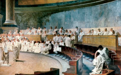 Cícero desmascara Catiline em 8 de novembro de 63 aC. A cena se passa em Roma no Senado, um afresco feito entre 1882 e 1888 por Cesare Maccari