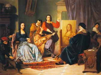 Leonardo da Vinci pintando Mona Lisa de Cesare Maccari (1840-1919)
