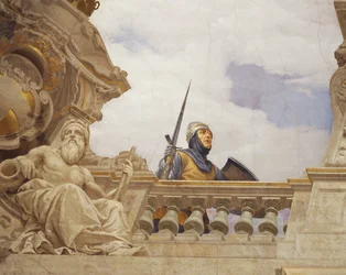 Detalhe da Alegoria da Itália, afresco de Cesare Mariani (1826-1901), teto, Salão da Maioria, Palazzo delle Finanze (Palácio das Finanças), Roma. Itália