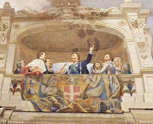 Detalhe da Alegoria da Itália, afresco de Cesare Mariani (1826-1901), teto, Salão da Maioria, Palazzo delle Finanze (Palácio das Finanças), Roma. Itália