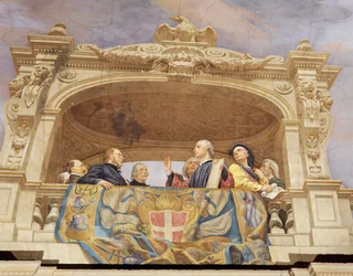 Detalhe da Alegoria da Itália, afresco de Cesare Mariani (1826-1901), teto, Salão da Maioria, Palazzo delle Finanze (Palácio das Finanças), Roma. Itália