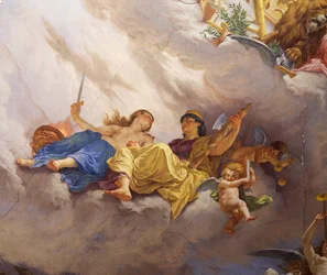 Detalhe da Alegoria da Itália, afresco de Cesare Mariani (1826-1901), teto, Salão da Maioria, Palazzo delle Finanze (Palácio das Finanças), Roma. Itália