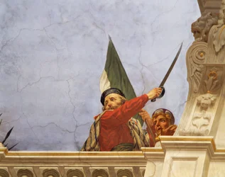 Detalhe da Alegoria da Itália, afresco de Cesare Mariani (1826-1901), teto, Salão da Maioria, Palazzo delle Finanze (Palácio das Finanças), Roma. Itália