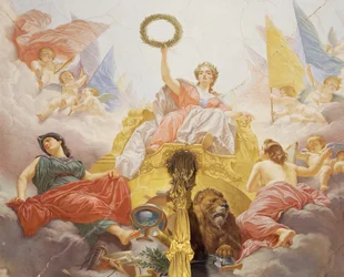 Detalhe da Alegoria da Itália, afresco de Cesare Mariani (1826-1901), teto, Salão da Maioria, Palazzo delle Finanze (Palácio das Finanças), Roma. Itália