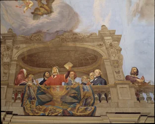 Detalhe da Alegoria da Itália, afresco de Cesare Mariani (1826-1901), teto, Salão da Maioria, Palazzo delle Finanze (Palácio das Finanças), Roma. Itália