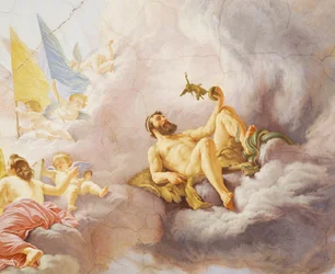 Detalhe da Alegoria da Itália, afresco de Cesare Mariani (1826-1901), teto, Salão da Maioria, Palazzo delle Finanze (Palácio das Finanças), Roma. Itália