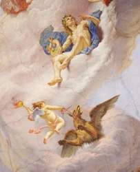 Detalhe da Alegoria da Itália, afresco de Cesare Mariani (1826-1901), teto, Salão da Maioria, Palazzo delle Finanze (Palácio das Finanças), Roma. Itália