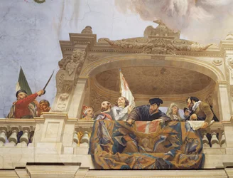 Detalhe da Alegoria da Itália, afresco de Cesare Mariani (1826-1901), teto, Salão da Maioria, Palácio das Finanças, Roma. Itália