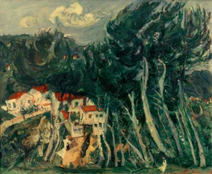 Ch. Soutine, vila à esquerda, árvores à direita