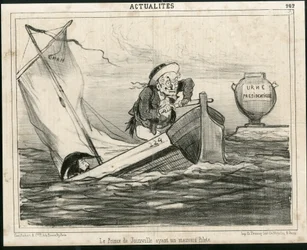 Ilustração de Cham (1819-1879) em Le Charivari, cerca de 1850 - O Príncipe de Joinville tendo um mau piloto - Eleições, Presidente da República, Náutica Marítima Nautique Balneaire - Thiers Adolphe, François d