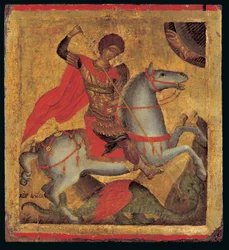 Ícone de São Jorge a cavalo, matando o dragão (tempera de ovo em madeira)