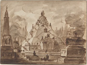 Fantasia arquitetónica com um Mausoléu Piramidal, c.1747 (caneta e tinta castanha com lavagem castanha sobre papel vegetal)