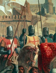 Knights Crusaders, detalhe da batalha de Ascalon entre Godfrey de Bouillon e os egípcios de Al Afdal, pintura de Charles-Philippe Lariviere (1798-1876)