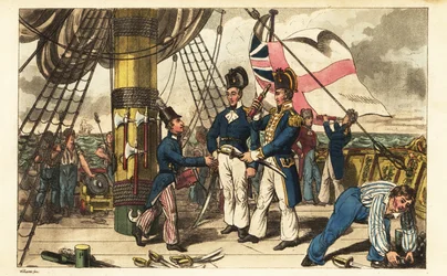 Capitão Spring faz do Midshipman Newcome o seu ajudante de campo e entrega-lhe a sua espada no quarterdeck do HMS Victory