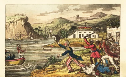 Oficial da Marinha inglesa fugindo de um plantador Massa furioso e homens escravizados Quashee que escravizavam cudgels na Jamaica