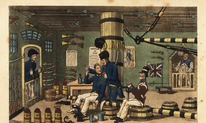 Midshipman Newcome confinado em correntes de ferro na sala de armas por ter atingido o Doctor Pestle