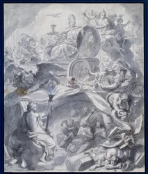 Alegoria: "A Igreja Vitoriosa de Heresie ou o Triunfo da Religião" Desenho de uma guache e a lavagem da oficina de Charles Lebrun (Le Brun) (1619-1690) Paris do século XVII, Musee du Louvre