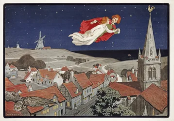 Peter e Wendy voando de Peter Pan por J M Barrie (1860 - 1937), pub.1904 (lito colorido)