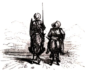 Dom Quixote no seu cavalo, ao lado de Sancho no seu burro