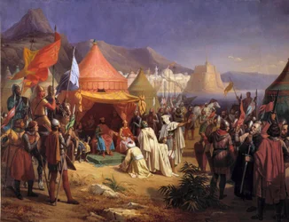 Tirada de Trípoli em abril de 1102, Bertrand de Saint-Gilles (Saint Gilles) (1065-1112) recebeu a entrega do cadi Fekr el Moulk (Fakhr el-Moulk) Pintura de Charles Alexandre (Charles-Alexandre) Debacq (1804-1850)