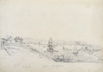 À direita, o acampamento dos franceses da expedição Baudin ao ponto de Bennelong, à esquerda, Sydney, casa de Nicolas Bayley - lápis e tinta de Charles Alexandre Lesueur