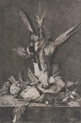 Troféu de caça com aves de caça e alcachofras, 1850-1900.
