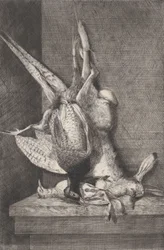 Troféu de caça com aves de caça e coelho, 1850-1900.