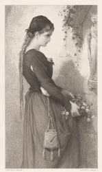 Jovem traz flores para nicho com estátua de Maria Marguerite (título no objeto)