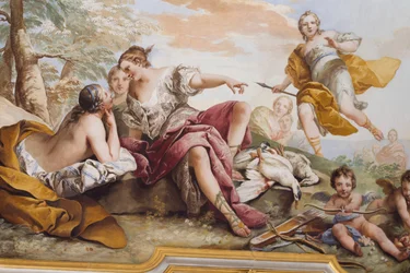 O resto de Diana entre as Ninfas (Il riposo di Diana tra le Ninfe), por Charles-Andre van Loo (1705-1765), fresco, tecto abobadado do quarto, apartamento da rainha, Stupinigi, Piemonte, Itália