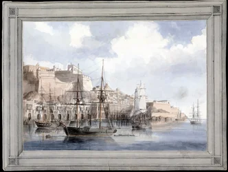 Vista em Malta (o grande porto de Valletta com o Forte Sant Angelo) - Pintura de Charles Andrew Dyce (1816-1853), aguarela sobre papel (25,1x34,9 cm), cerca de 1849 - Universidade de Yale (EUA)