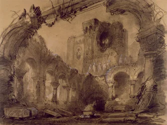 Ruínas, cenografia para uma performance de &39;Macbeth&39; de Giuseppe Verdi (1813-1901) no Teatro Lyrique, Chatelet, Paris, 1865 (carvão e giz branco sobre papel)