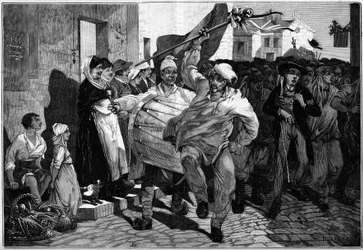 Serviço Militar: o sorteio em Burgundy, recrutas perto de Macon. Gravura de Montbart em "The Illustrous World" n°1299 de 18 de Fevereiro de 1882.