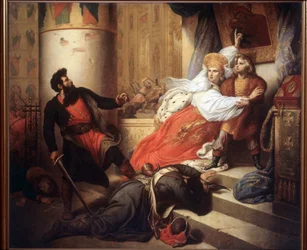 A Mãe resgatou Pedro I como Criança durante a Revolta de Streltsy de 1682 (Nathalie Narychkine, Natalia Narychkina) (1651-1694). Pintado