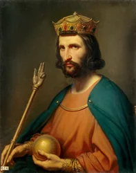 Retrato de Hugo Capeto (941-996), rei de França em 987. Segura na mão um globo e um ceptro, símbolos do poder. Pintura de Charles de Steuben (1788-1856), século XIX. Sol. 0,91 x 0,74 m.