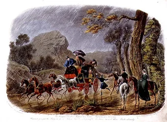 "The Disappointment, or Retreat in a Shower", gravado por R.G. Reeve (fl.1811-37) pub. por Thomas McLean